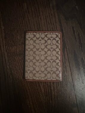 Coach Brown Signature Canvas Card Holder with Leather Trim